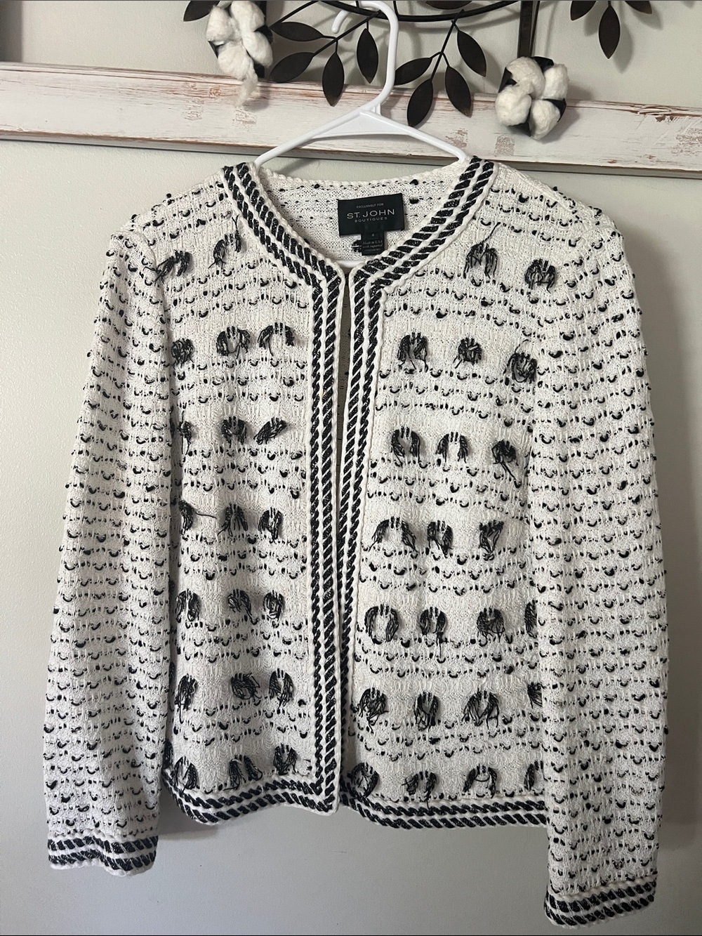 St. John Ivory and Black Textured Knit Cardigan